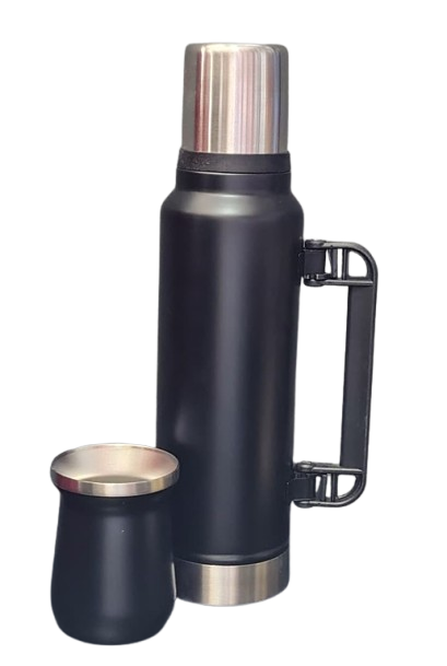 Producto - Combo Termo 1,4L Negro tapa metal y manija plegable + Mate