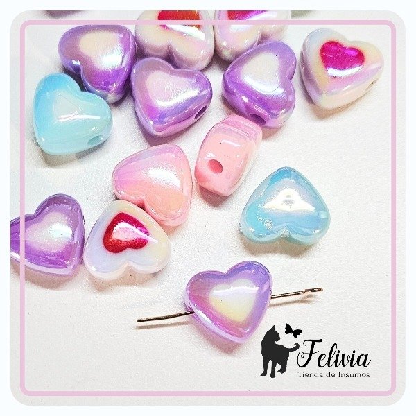Producto - Cuentas de acrílico AB. Corazón pastel tornasol x 5u. - 0
