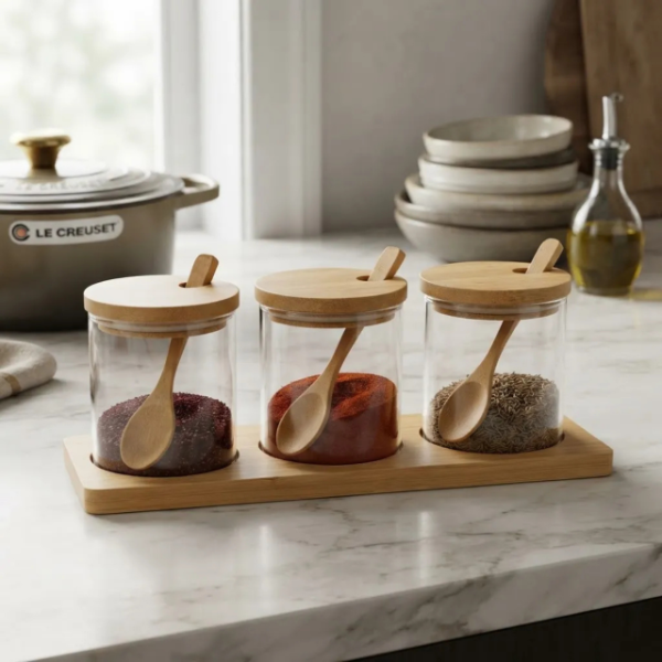 Producto - Especiero Condimentero Frasco Vidrio Tapa Bamboo X3 Madera - 1