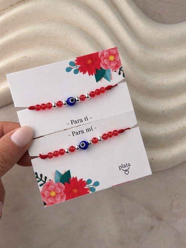 Producto - SET 2 PULSERAS REGULABLES BOLITAS DE PLATA Y CRISTALES OJO TURCO 0011