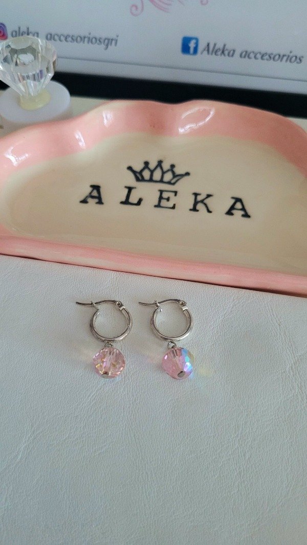 Producto - Argollas cristal rosa de acero blanco