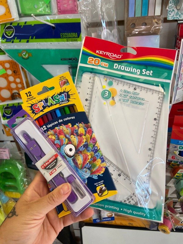 Producto - Combo escolar (1 lapices colores, 1 compas y 1 set geometria)