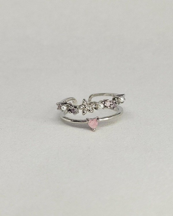 Producto - Anillo Acero Quirúrgico - Guirnalda Flores y línea corazón - Ajustable - A 1055 - 1