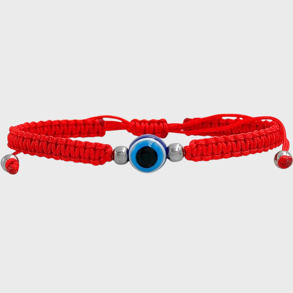 Producto - Pulsera de hilo y acero quirúrgico - Rojo - Ojo turco azul