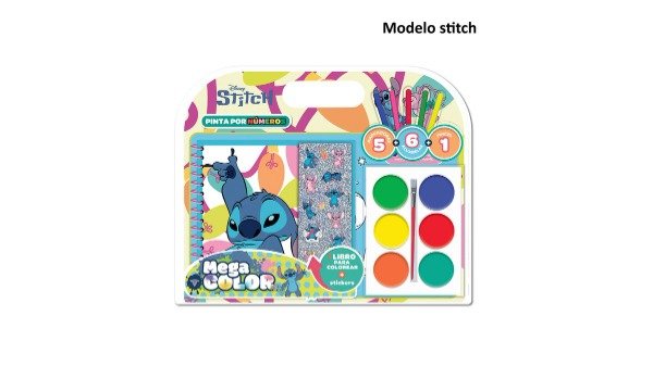 Producto - Libro para pintar anillado con 6 acuarelas 5 marcadores pincel y stickers Stitch