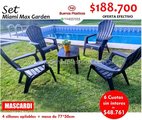 Producto - Set 4 Sillones Miami Negros Mascardi + Mesa