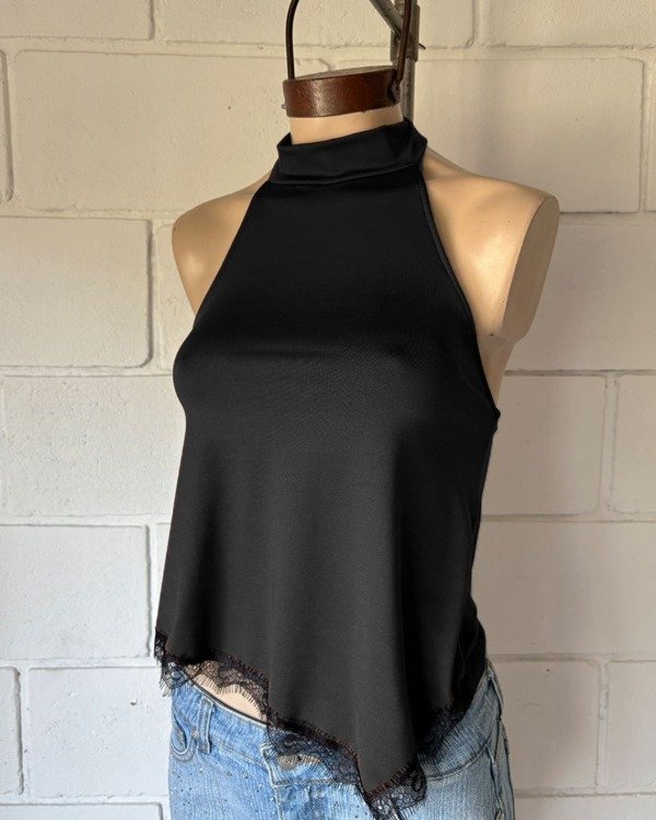 Producto - TOP TELA MICROFIBRA CUELLO HALTER PARA ATAR CON PUNTILLAS EN PICO