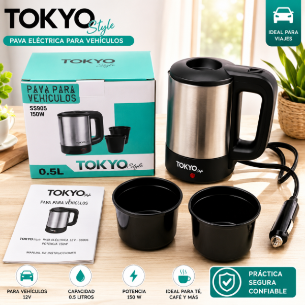 Producto - Pava Eléctrica TOKYO SS905 de 150w 500ml 12V Acero Inoxidable Incluye 2 Vasos - 0