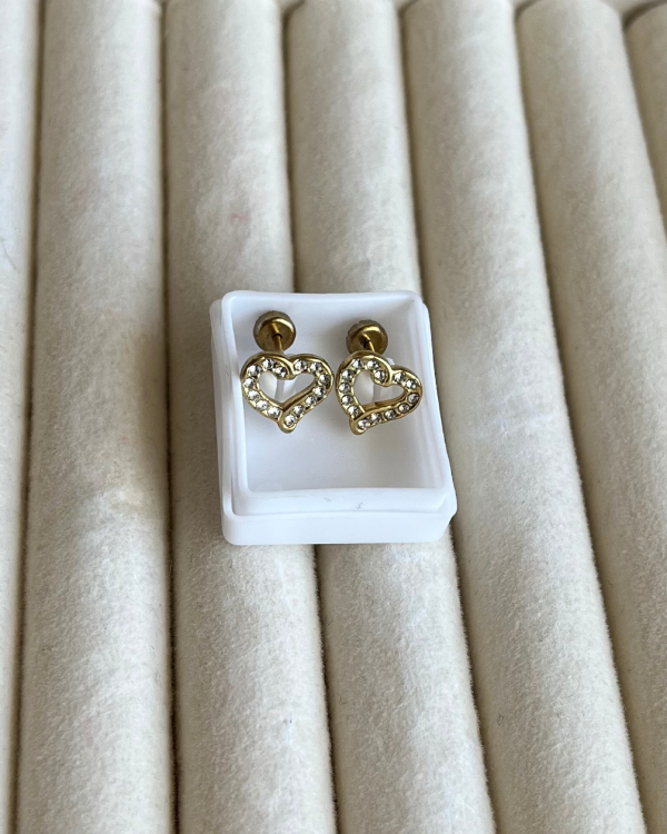 Producto - Aros abridores corazón calado con cubic de acero dorado 8mm