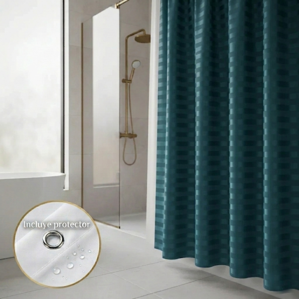 Producto - Cortina de baño Tela con textura 3D Rayas + Protector y Ganchos