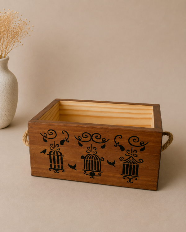 Producto - cajón en madera con manijas de yute: "pajaritos" color betún