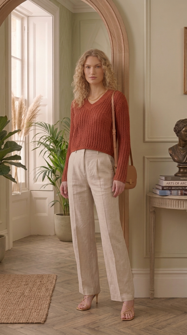 Producto - Suéter Crop de Punto Calado Algodón con Cuello en V ajuste relajado - 10
