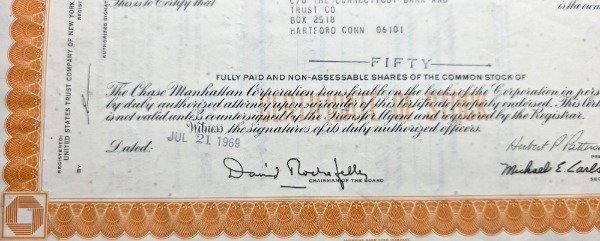 Producto - Certificado de Acciones (Firma autógrafa de David Rockefeller 1969) - 3