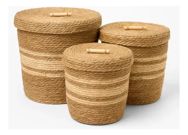 Producto - Set X3 Canastos De Yute Mimbre Con Tapa 40cm + 35cm + 30cm Natural