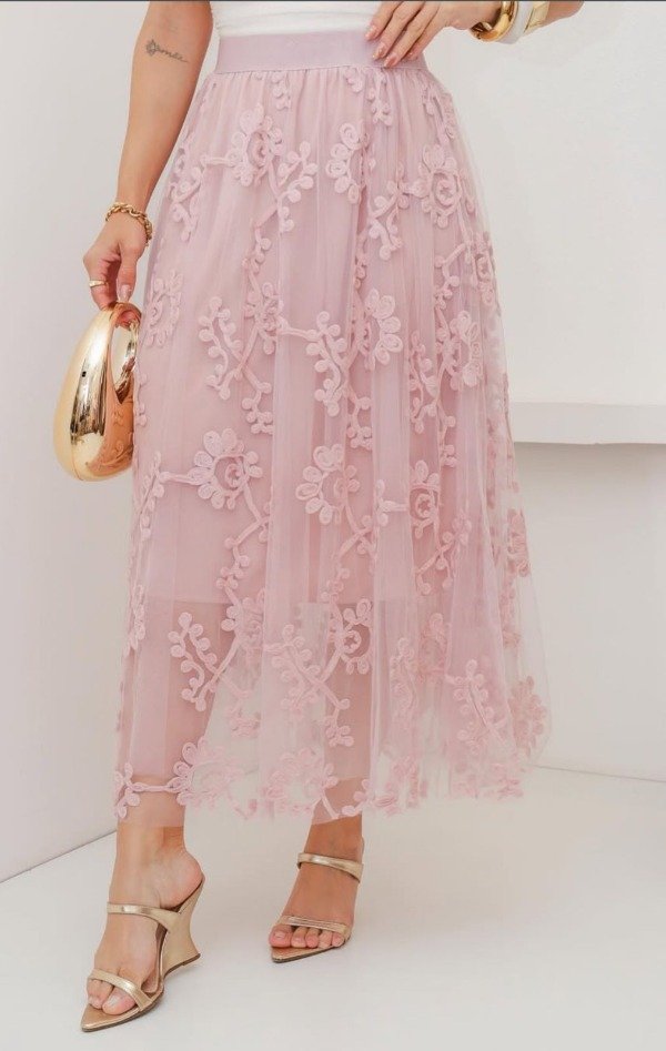Producto - Falda larga de tull bordada Rosa importada 105br76