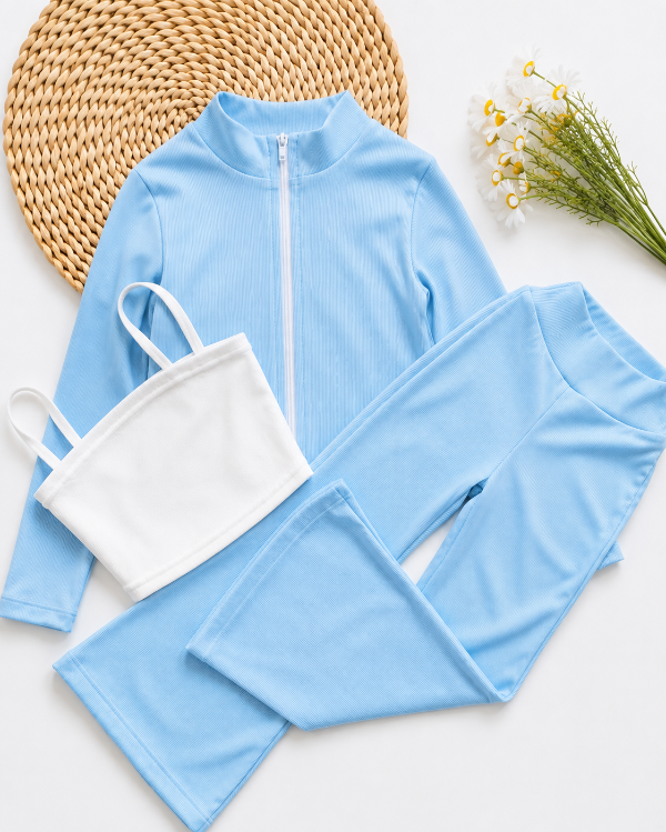 Producto - TRÍO CHANTAL CELESTE (CAMPERA + TOP + PANTALÓN OXFORD)