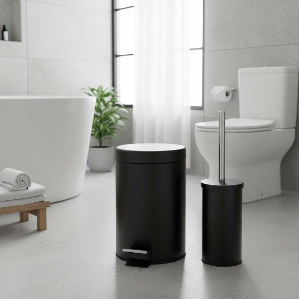 Producto - SET DE TACHO DE BASURA DE METAL  3 LTS CON CIERRE SUAVE Y ESCOBILLA - 0