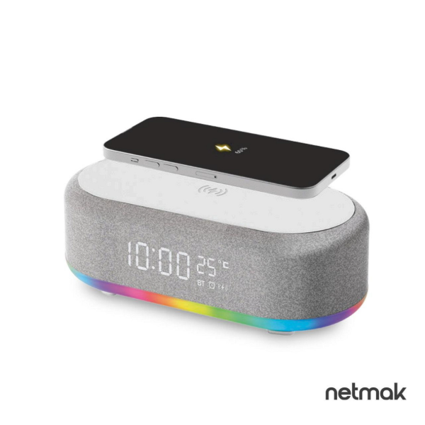 Producto - Reloj Despertador c/parlante + base de carga 15W -bluetooth -luces LED -bat. rec