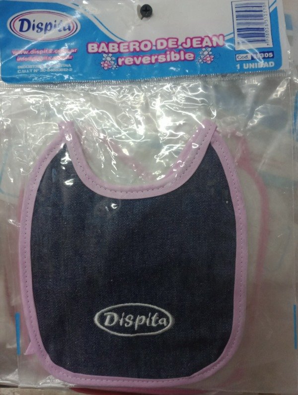 Producto - Babero rosa de Jean reversible estampado atras