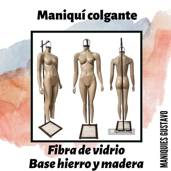 Producto - Maniquí Dama fibra de vidrio colgante Base hierro y madera - 0