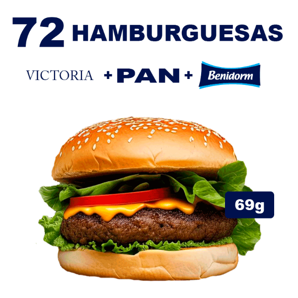 Producto - 72 Hamburguesas De Carne VICTORIA de 69g + Pan + Ade