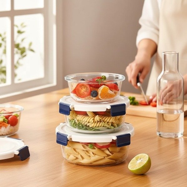 Producto - SET DE 3 HERMETICOS REDONDOS DE VIDRIO BOROSILICATO CON TRABAS - 1