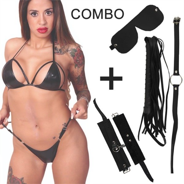 Producto - Kit de ecocuero negro con antifaz, mordaza, esposas, latigo y conjunto de vinilo