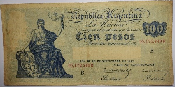 Producto - Billete argentina caja de conversión 100 pesos año 1930 B1689 Col 390f p#247b VF - 0