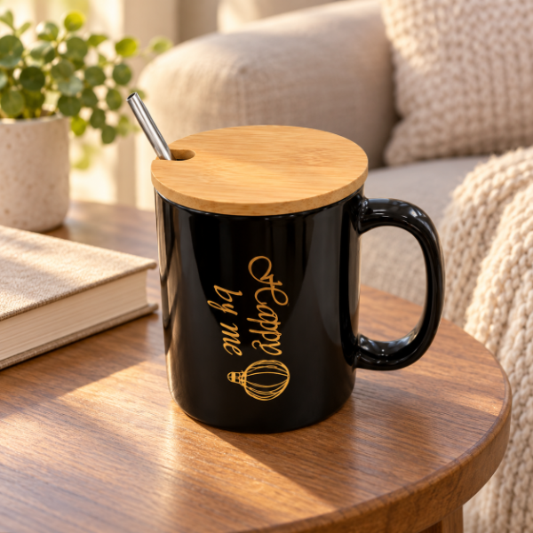 Producto - TAZA DE CERAMICA CON TAPA DE BAMBÚ  Y CUCHARA DISEÑO DORADO SURTIDO 300ML - 1