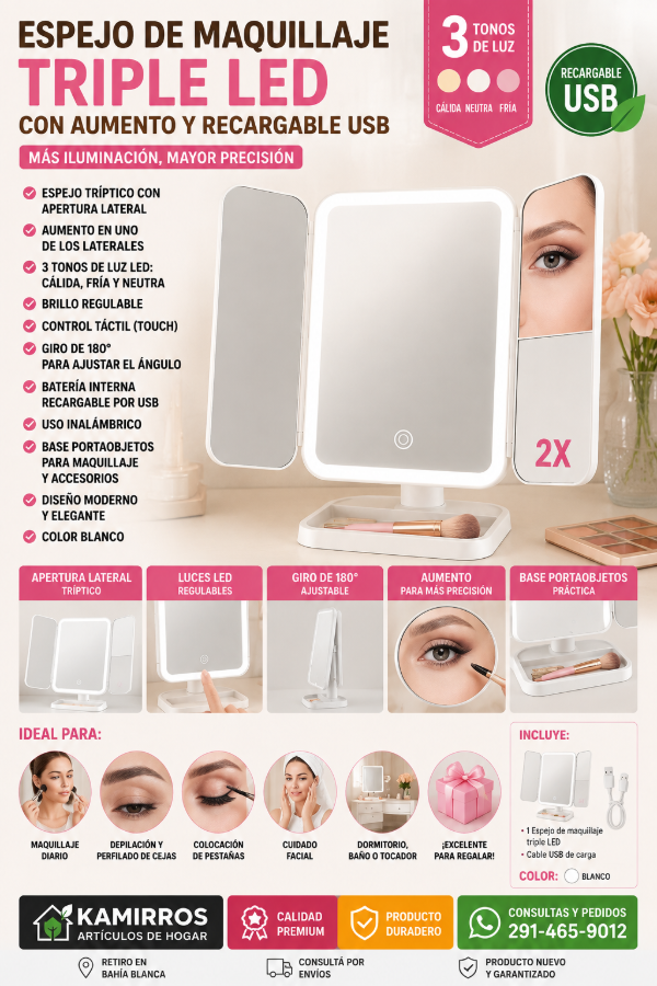 Producto - Espejo de Maquillaje Triple LED con Aumento y Recargable USB - 0