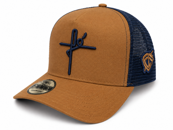 Producto - Gorra con trucker logotipo "FE" marron claro malla azul
