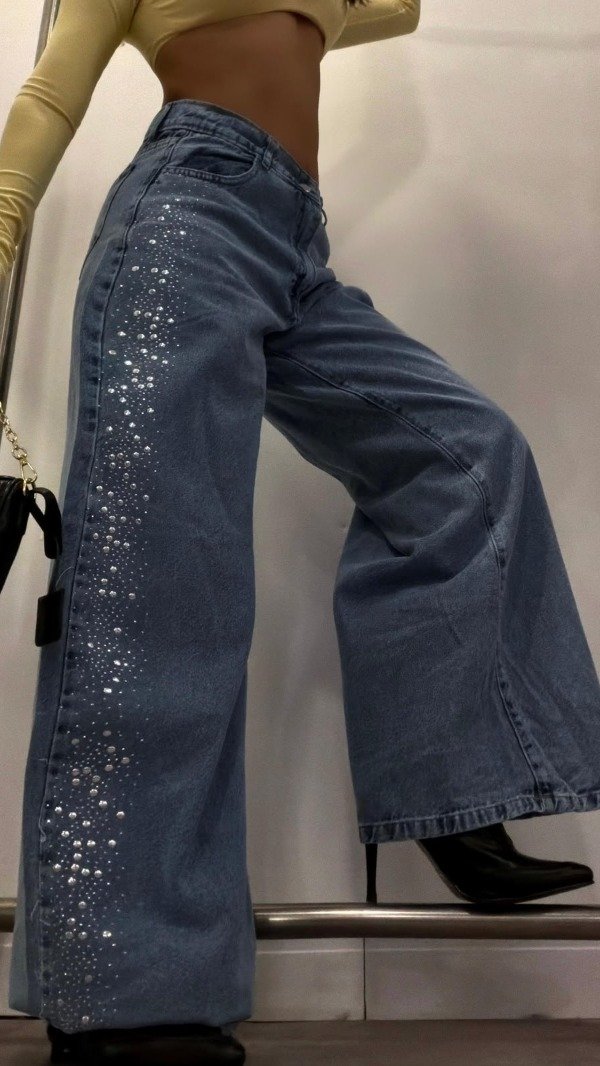 Jean wide leg lateral strass