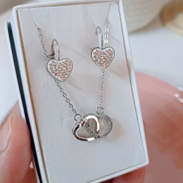 Producto - Collar + Aros Corazón con brillos