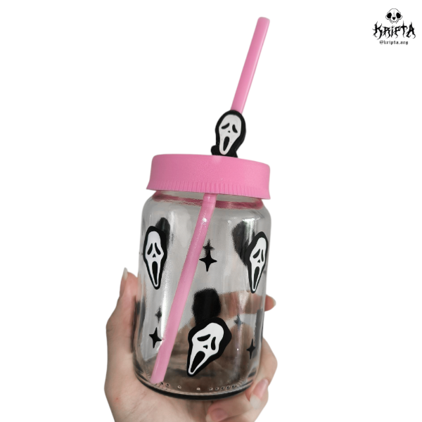 Producto - LIQUIDACIÓN: Vaso de vidrio con Topper "Ghostface" scream rosa