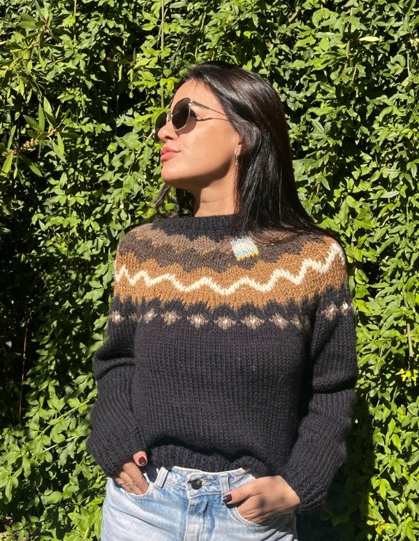 Producto - Sweater base negro Merino con guardas marrones.