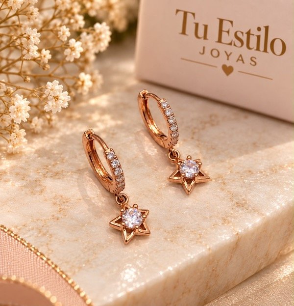 Producto - Aros argollitas dijes colgantes estrellas cubic en Plata 925 Rose