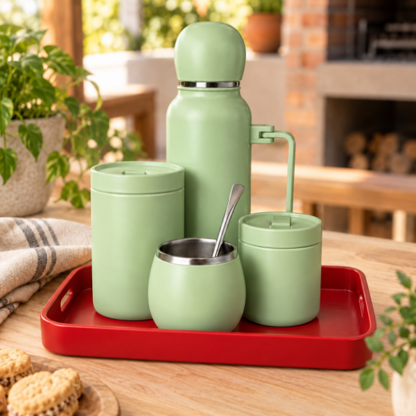 Producto - SET MATERO OVALO YERBERA AZUCARERA MATE Y BOMBILLA TERMO ACERO 1LT - 0