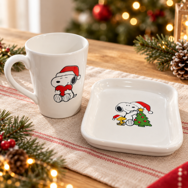 Producto - SET SNOOPY NAVIDAD DE TAZA CONICA DE CERAMICA VITRIFICADA MAS PLATO DE TOSTADA - 1