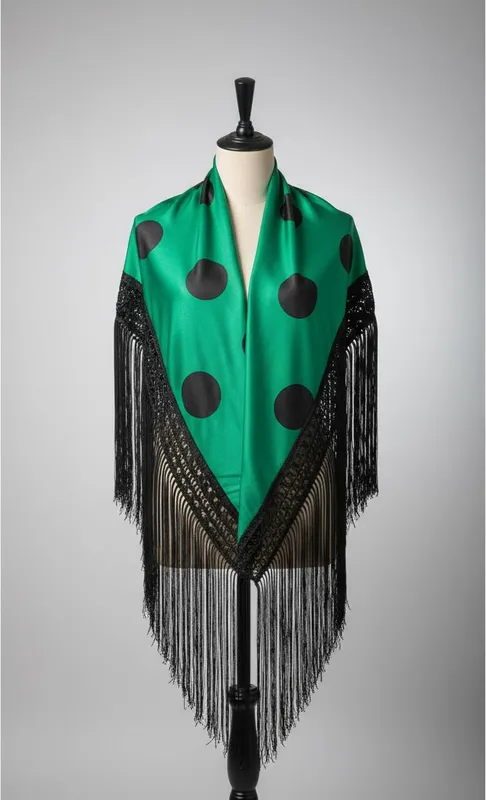 Producto - Mantón Triangular Verde a Lunares Con Flecos