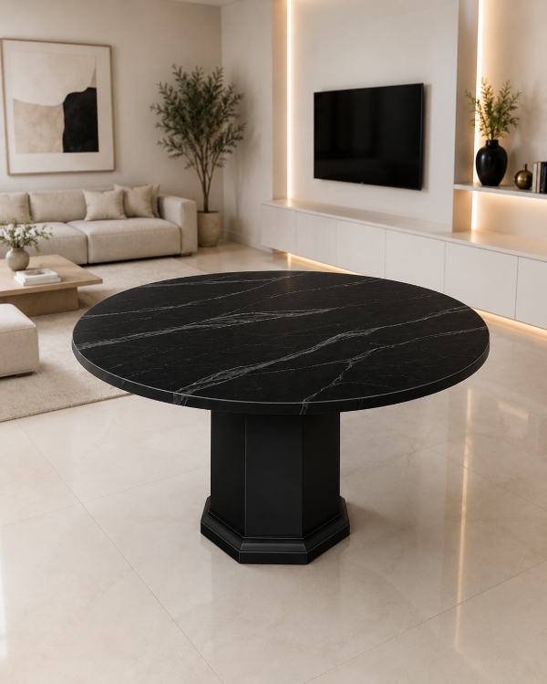 Producto - MESA REDONDA EN MDF MARMOLADA CON BASE CENTRAL OCTAGONAL /1,20CM