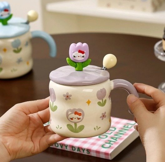 Producto - Taza Gatita cerámica con flor 350cc
