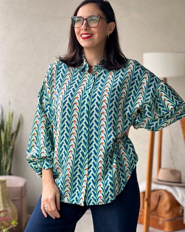 Producto - Camisa Balon de Seda Esmeralda L a 2XL