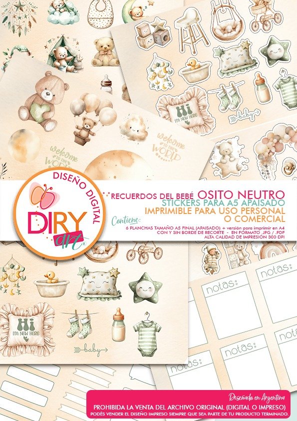 Producto - Recuerdos del bebé - Osito neutro - Stickers A5 apaisado