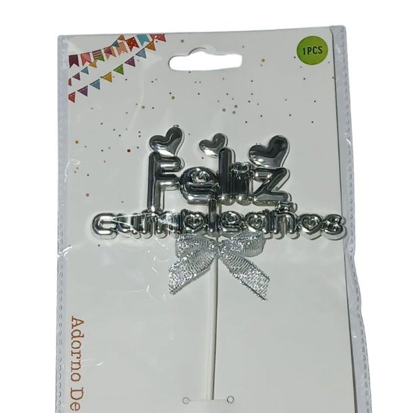 Producto - Cake topper Feliz cumpleaños corazones 2 plateado
