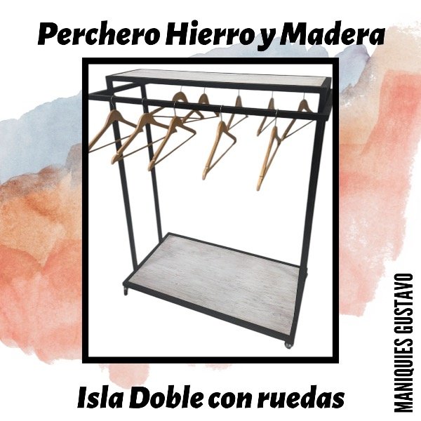 Producto - Perchero de hierro y madera isla doble con ruedas