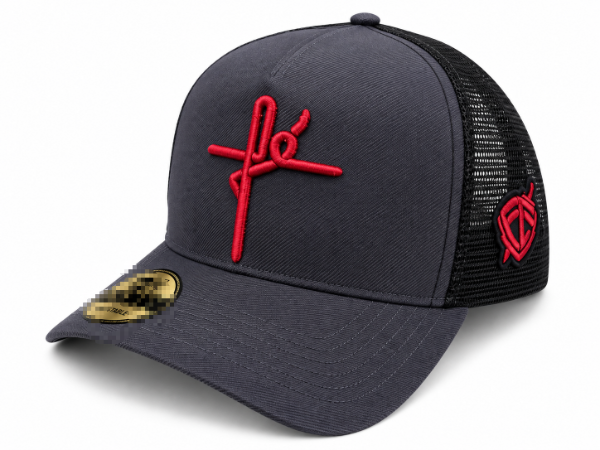 Producto - Gorra con trucker logotipo "FE" gris logo rojo