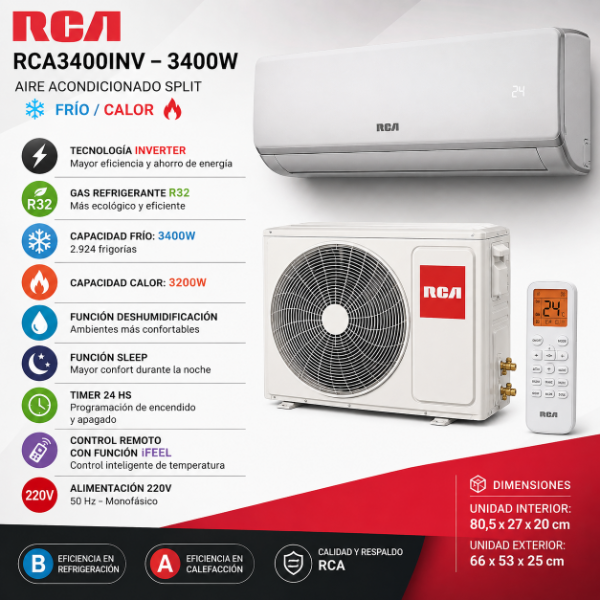 Producto - AIRE ACONDICIONADO RCA 3400W INVERTER FRIO/CALOR