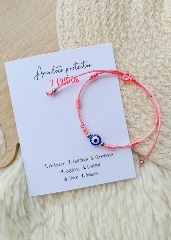 Producto - Pulsera 7 nudos rosa + ojito azul