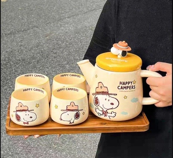 Producto - Juego de té Snoopy original Tetera + tabla + 4 cuencos cerámica