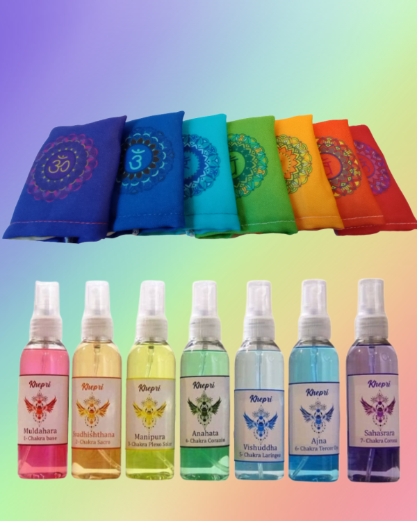 Producto - KIT 7 Sprays Áuricos + 7 Almohadillas rellenas de cuarzo blanco.